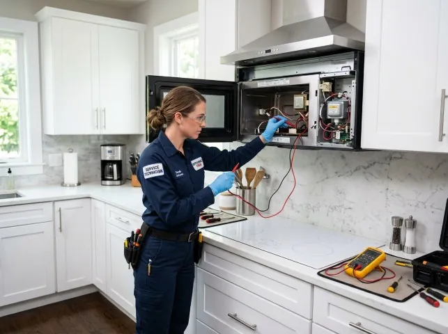Appliance Repair Hero technician testing an over-the-range microwave in a Bargersville, IN kitchen